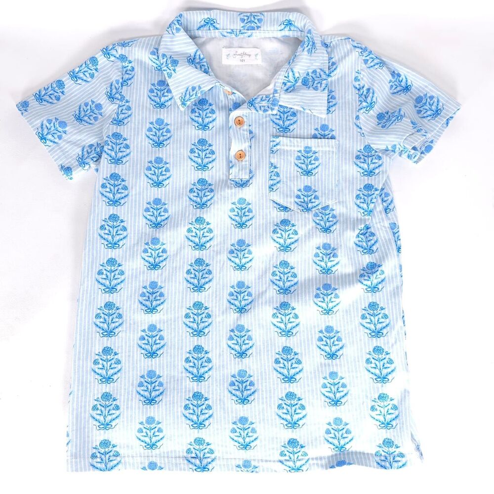 SWEET HONEY Boys Polo Shirt Blue Floral Stripe Cotton Blend Stretch Size 10Y